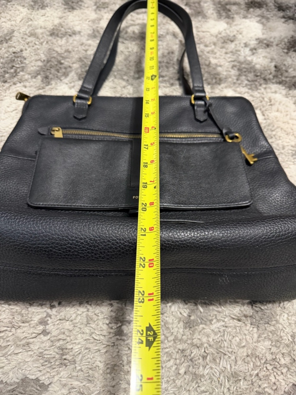 Fossil Black Leather 1 main Compartment and 3 zippered Tote with Key Charm - Picture 11 of 14